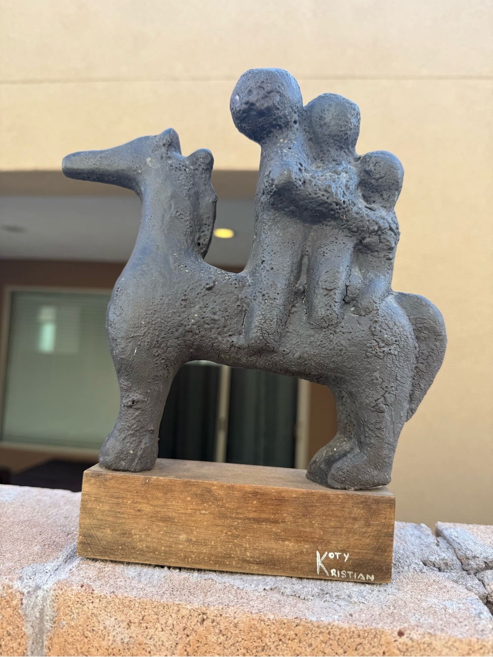 Vintage Signed Koty Kristian MCM Ceramic Horse & Riders Sculpture On Wood Base